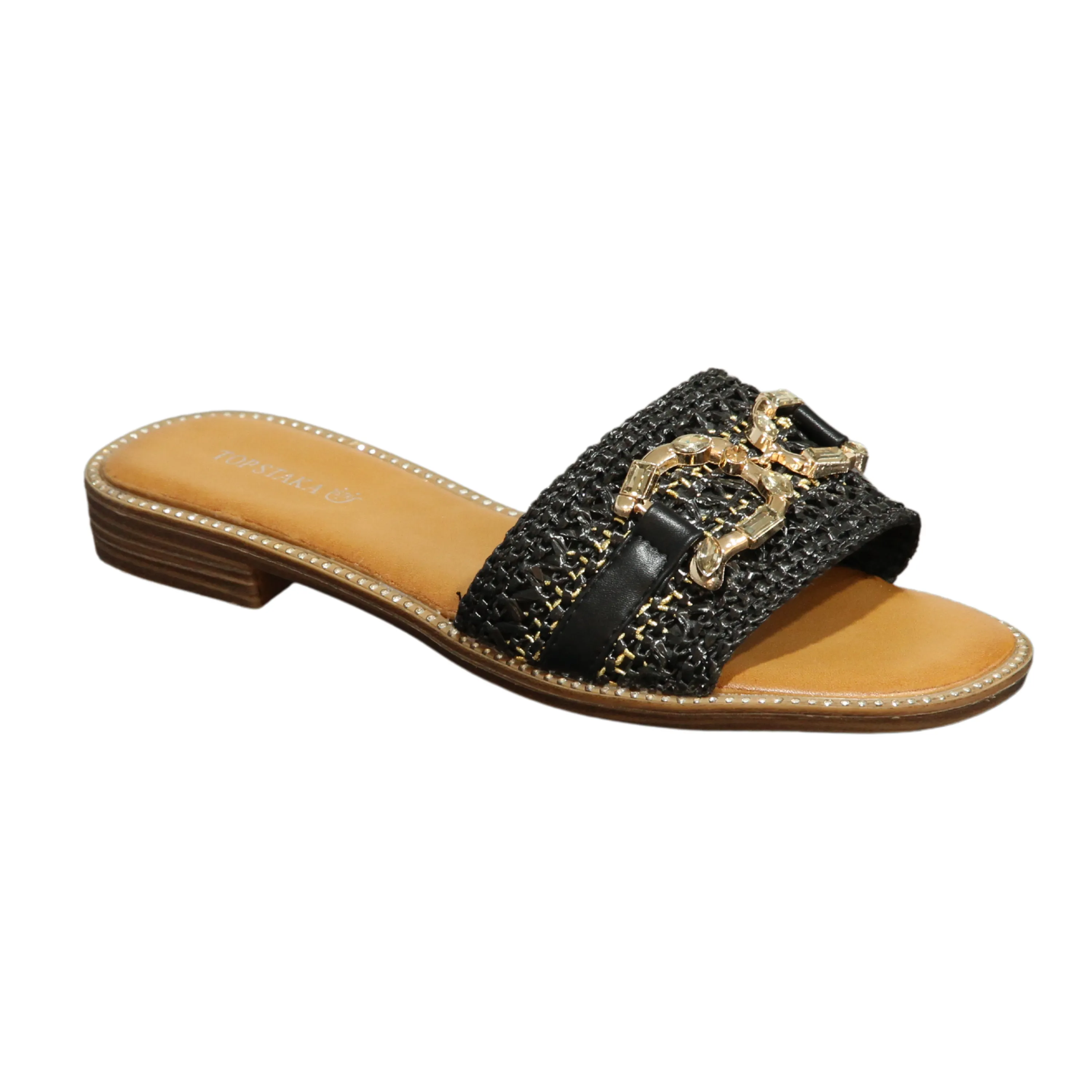 VACHY Women's Diamond Embellished Slide-On Flats with Double D Motif - Chic & Comfortable Open Toe Casual Fashion Shoes BG-706