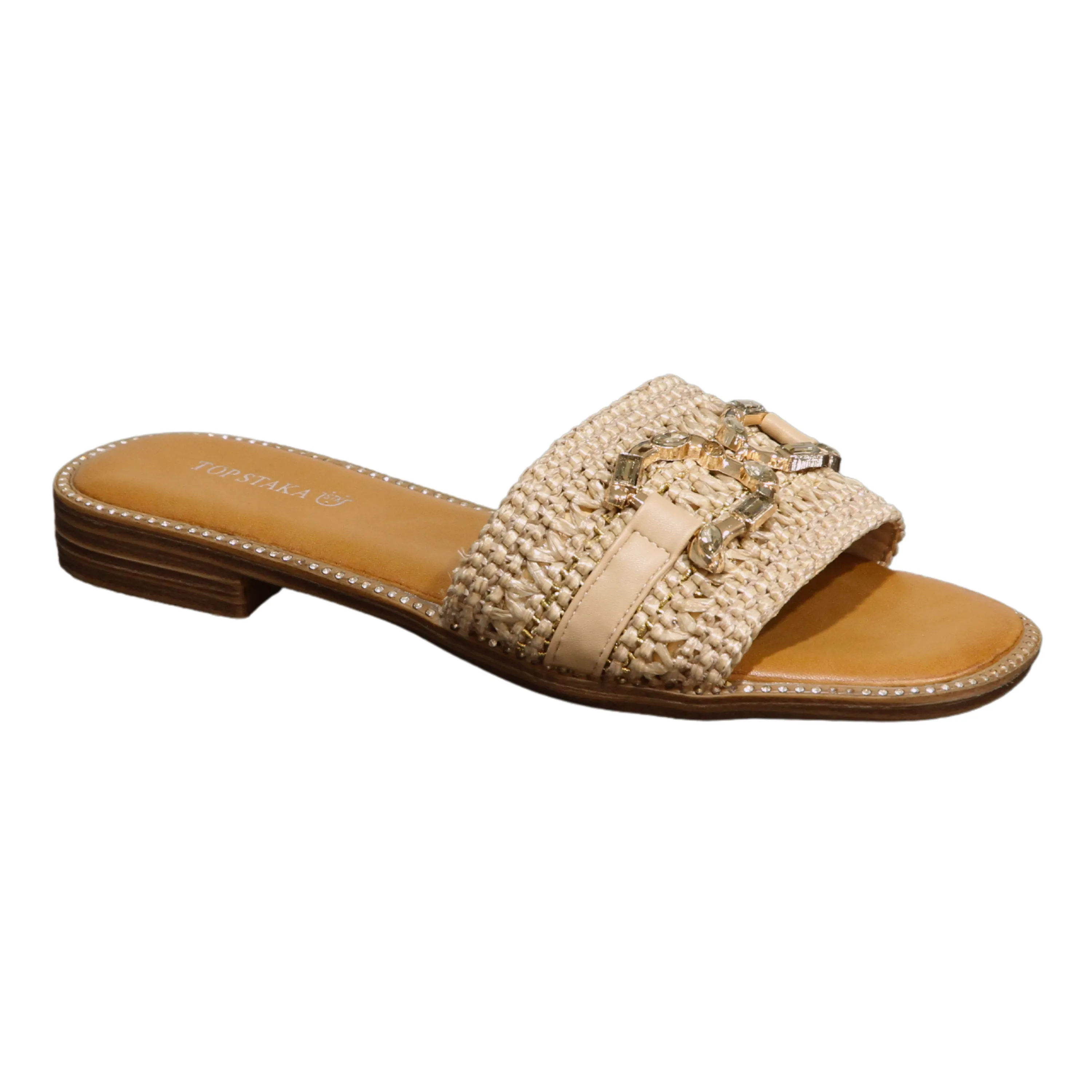 VACHY Women's Diamond Embellished Slide-On Flats with Double D Motif - Chic & Comfortable Open Toe Casual Fashion Shoes BG-706