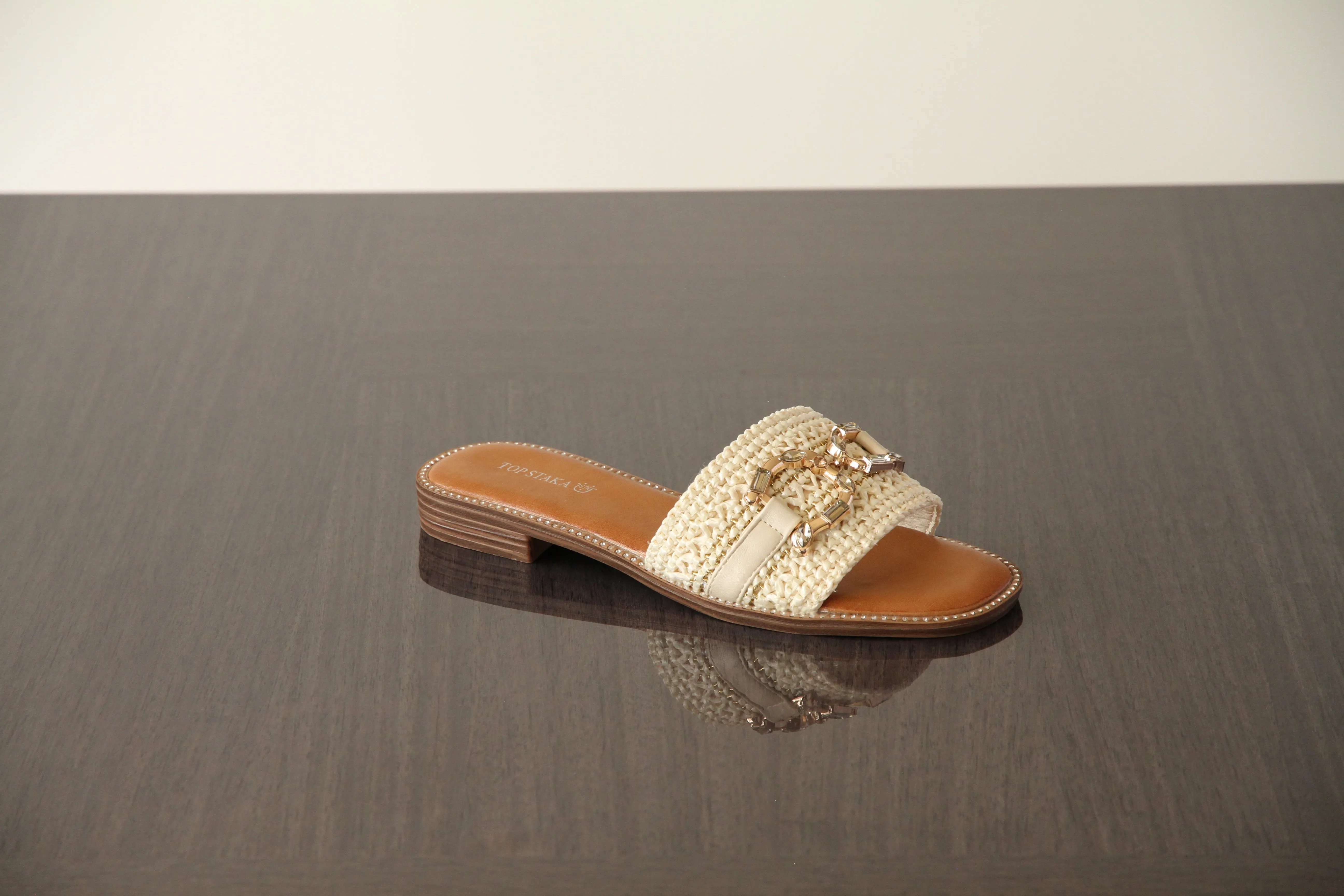 VACHY Women's Diamond Embellished Slide-On Flats with Double D Motif - Chic & Comfortable Open Toe Casual Fashion Shoes BG-706