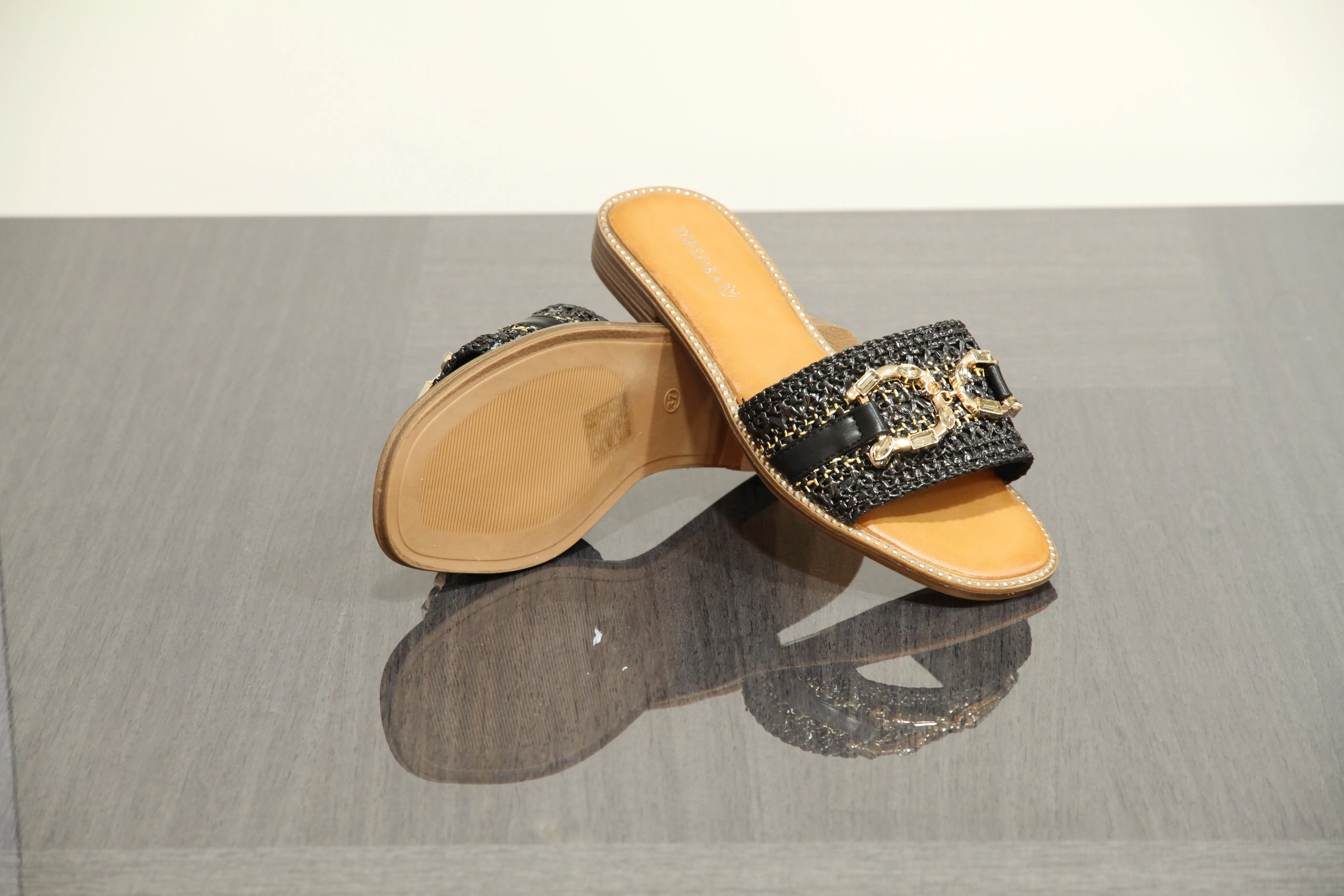 VACHY Women's Diamond Embellished Slide-On Flats with Double D Motif - Chic & Comfortable Open Toe Casual Fashion Shoes BG-706