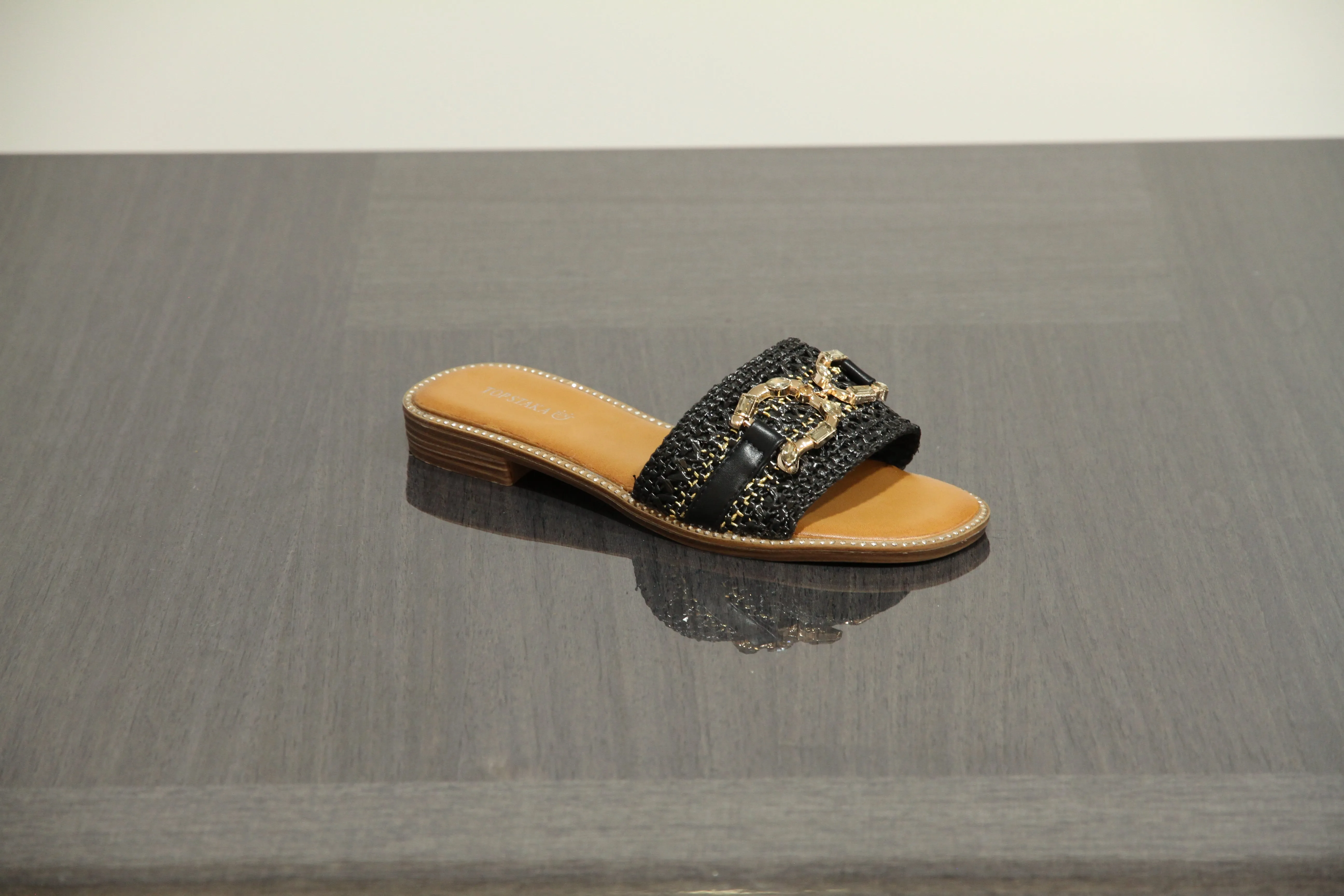 VACHY Women's Diamond Embellished Slide-On Flats with Double D Motif - Chic & Comfortable Open Toe Casual Fashion Shoes BG-706