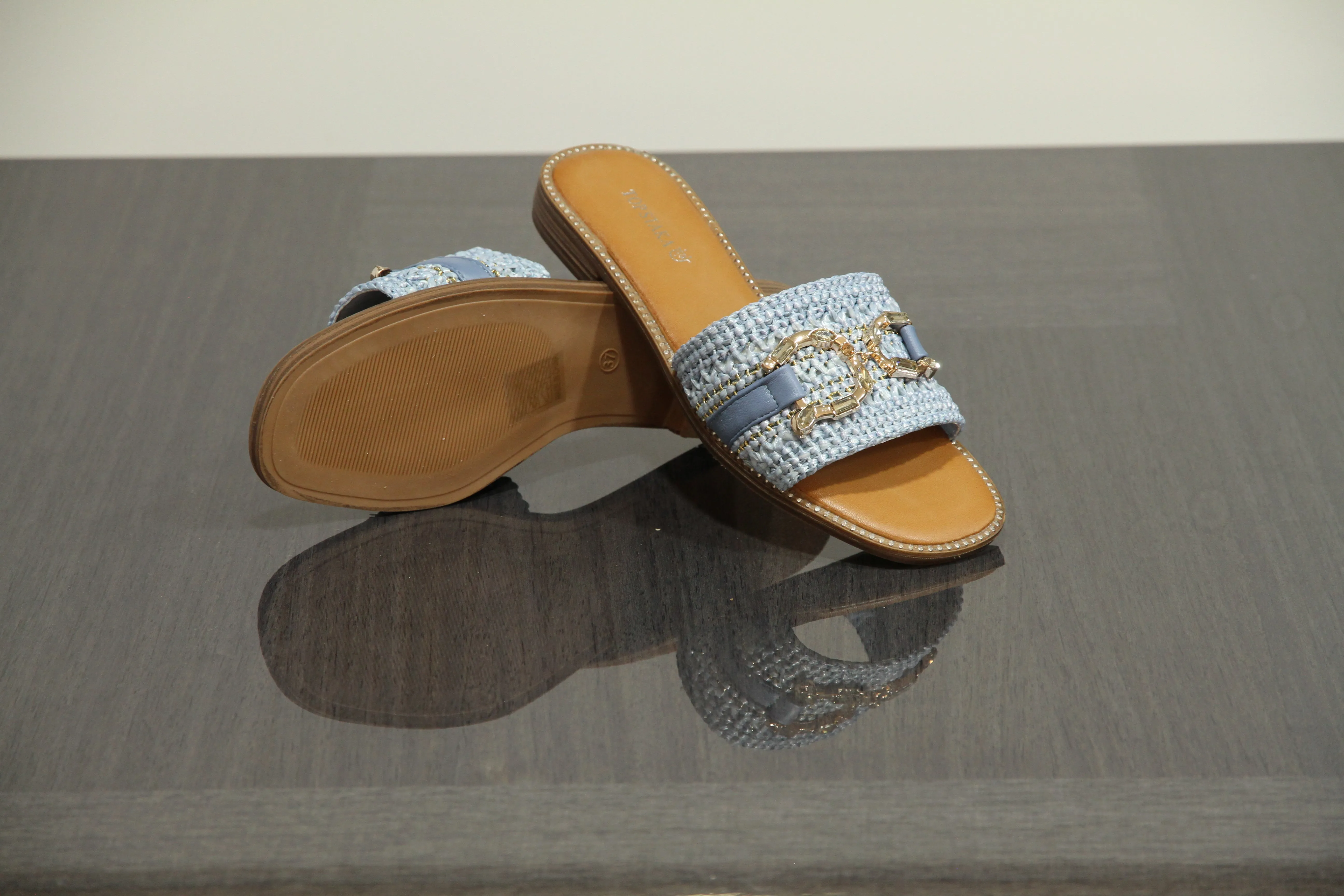 VACHY Women's Diamond Embellished Slide-On Flats with Double D Motif - Chic & Comfortable Open Toe Casual Fashion Shoes BG-706