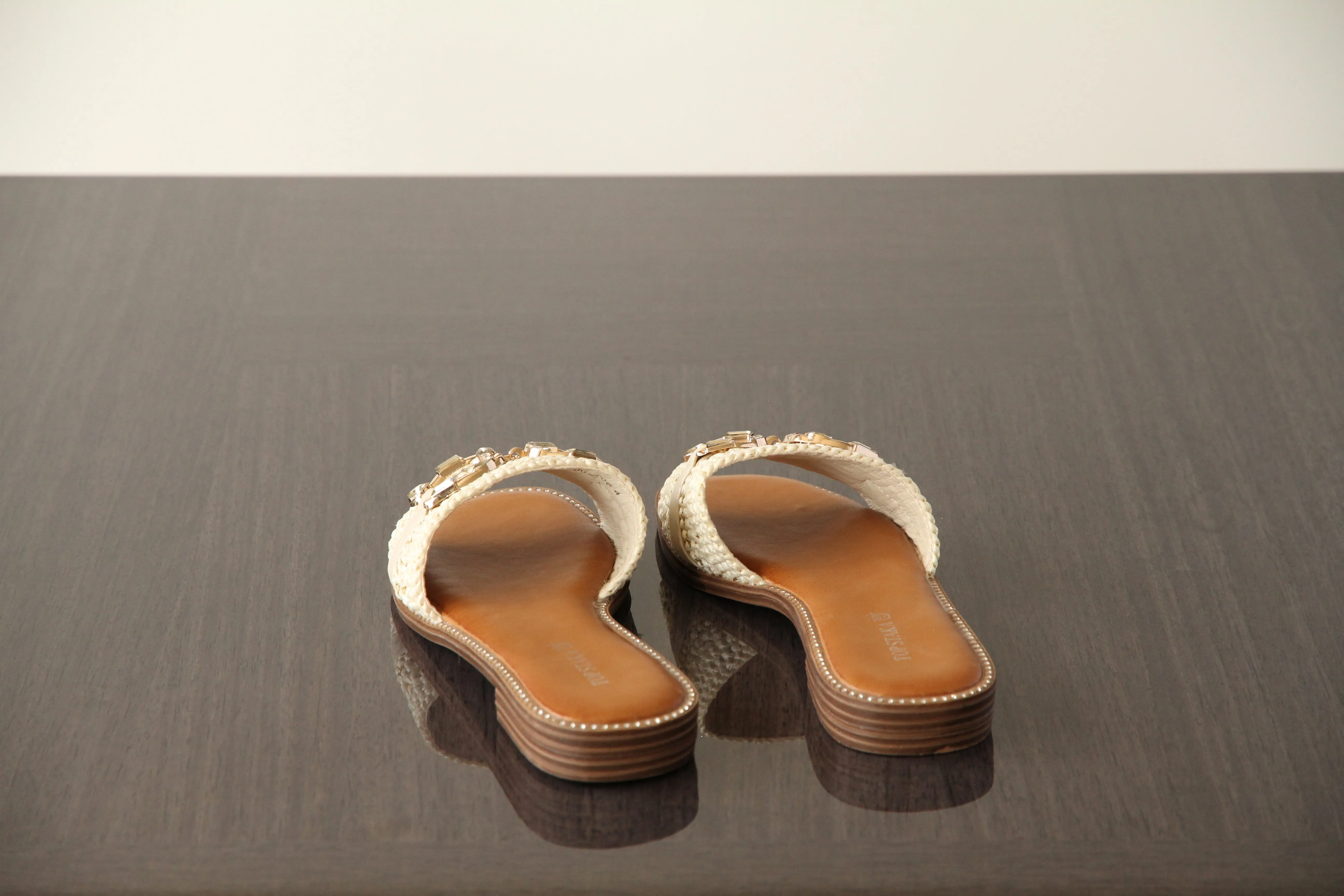 VACHY Women's Diamond Embellished Slide-On Flats with Double D Motif - Chic & Comfortable Open Toe Casual Fashion Shoes BG-706