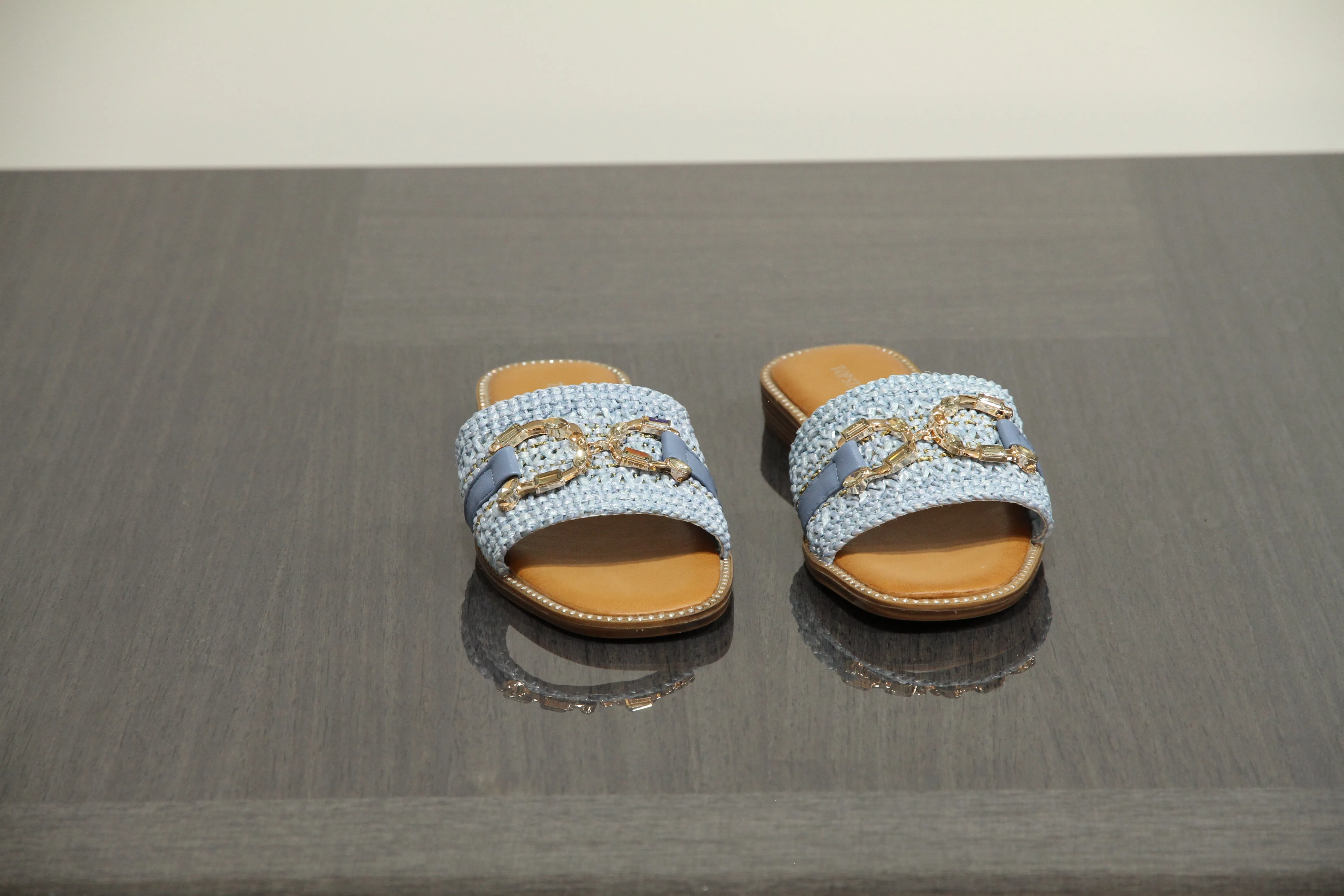 VACHY Women's Diamond Embellished Slide-On Flats with Double D Motif - Chic & Comfortable Open Toe Casual Fashion Shoes BG-706