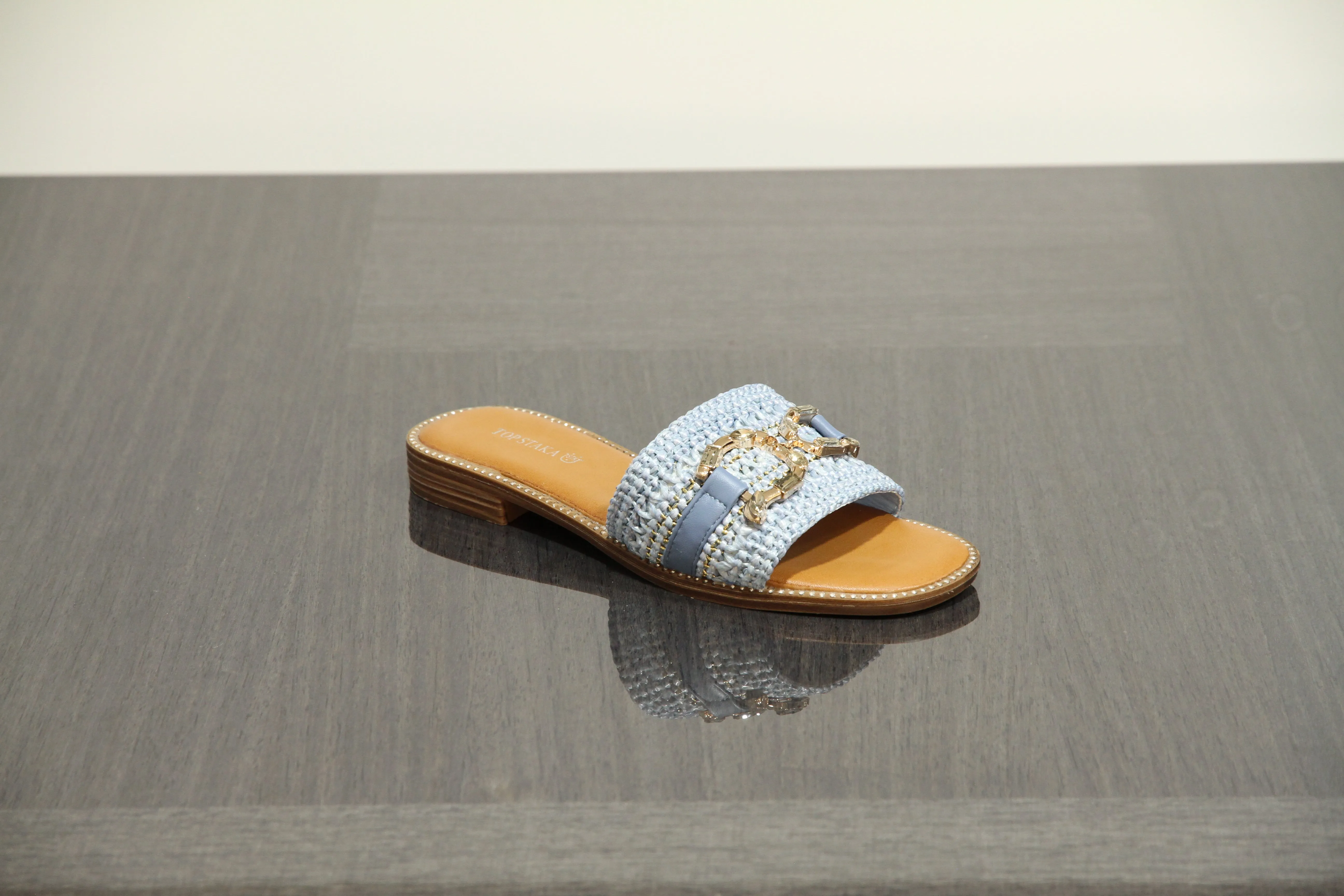 VACHY Women's Diamond Embellished Slide-On Flats with Double D Motif - Chic & Comfortable Open Toe Casual Fashion Shoes BG-706