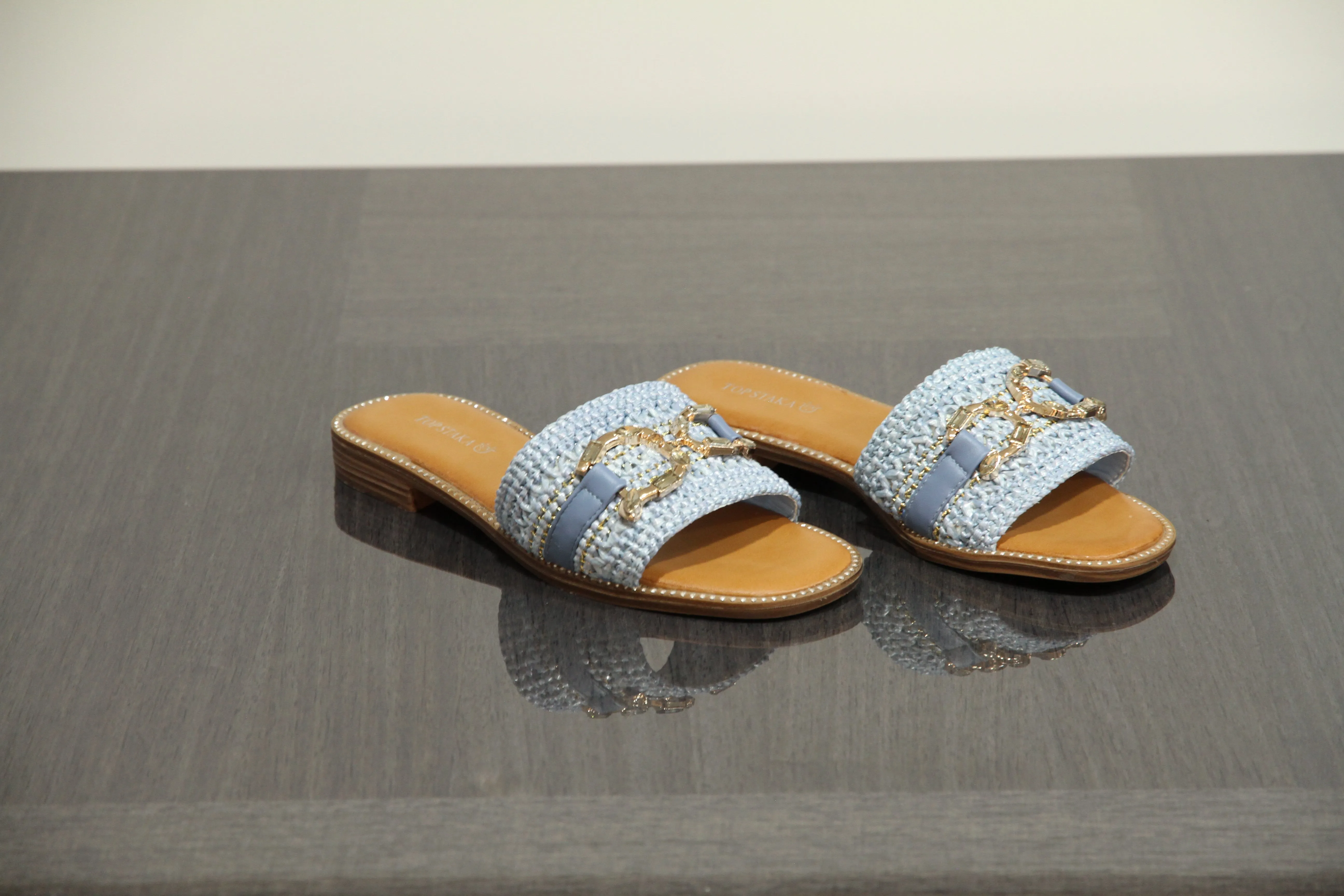 VACHY Women's Diamond Embellished Slide-On Flats with Double D Motif - Chic & Comfortable Open Toe Casual Fashion Shoes BG-706