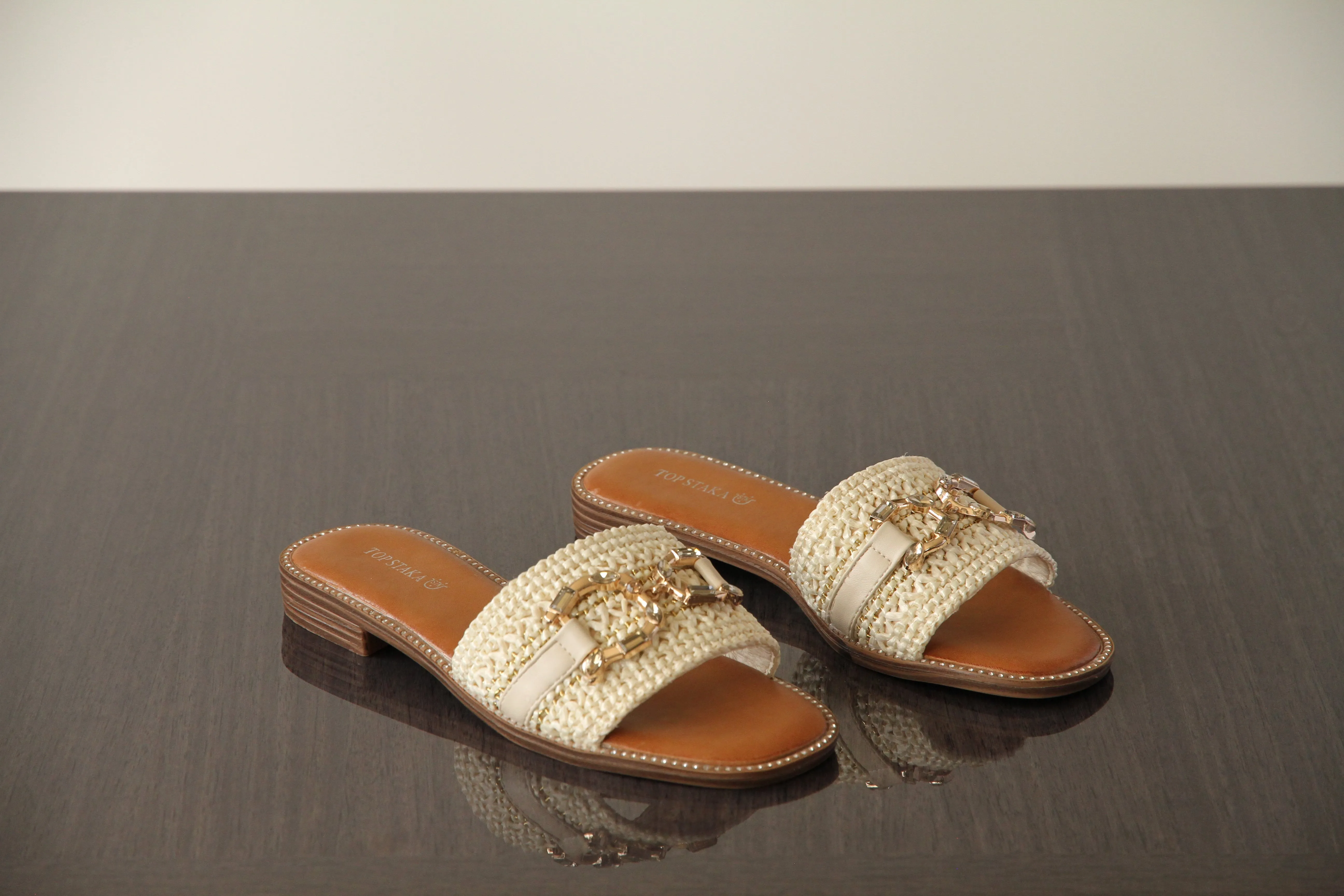 VACHY Women's Diamond Embellished Slide-On Flats with Double D Motif - Chic & Comfortable Open Toe Casual Fashion Shoes BG-706