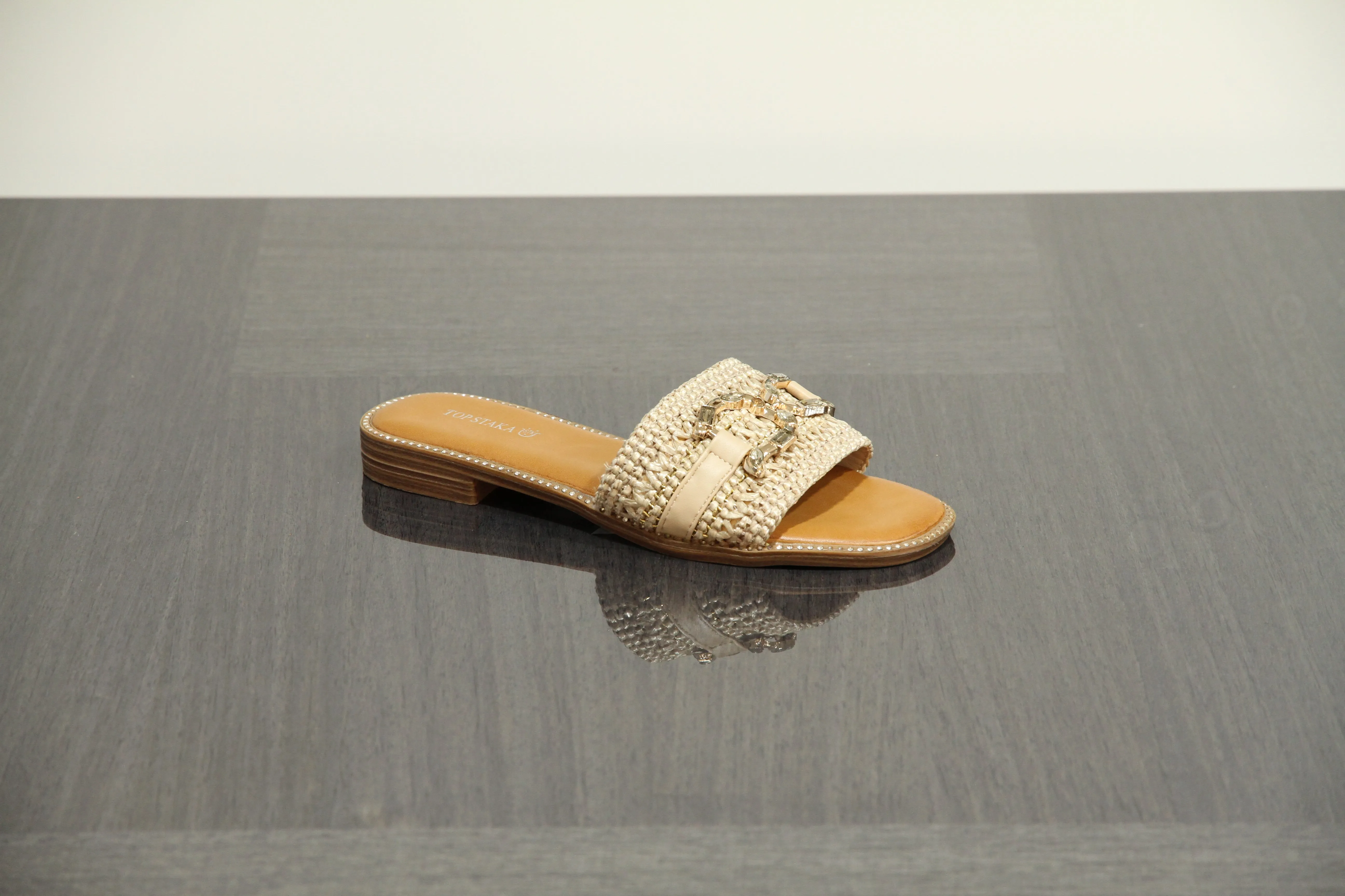VACHY Women's Diamond Embellished Slide-On Flats with Double D Motif - Chic & Comfortable Open Toe Casual Fashion Shoes BG-706