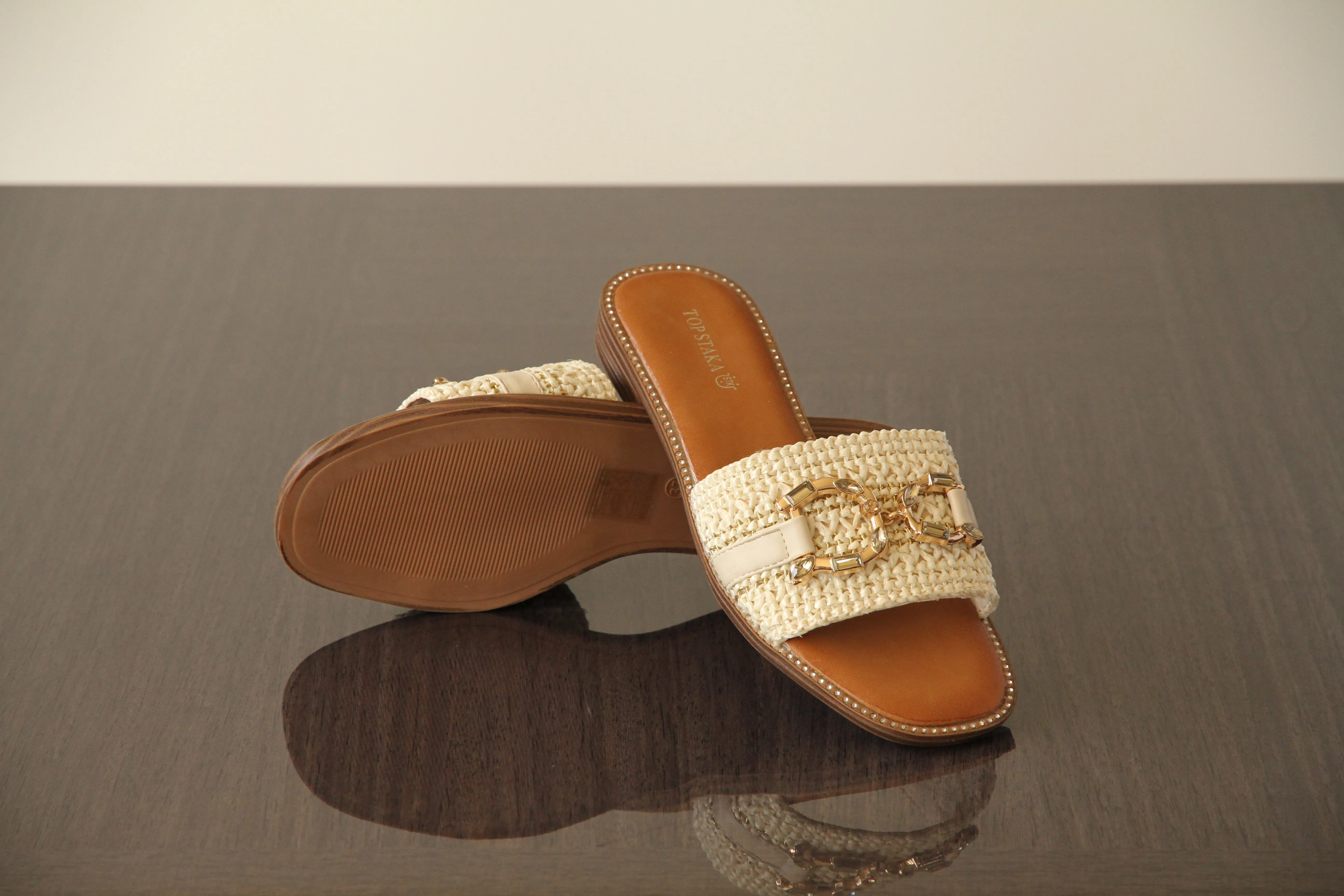 VACHY Women's Diamond Embellished Slide-On Flats with Double D Motif - Chic & Comfortable Open Toe Casual Fashion Shoes BG-706