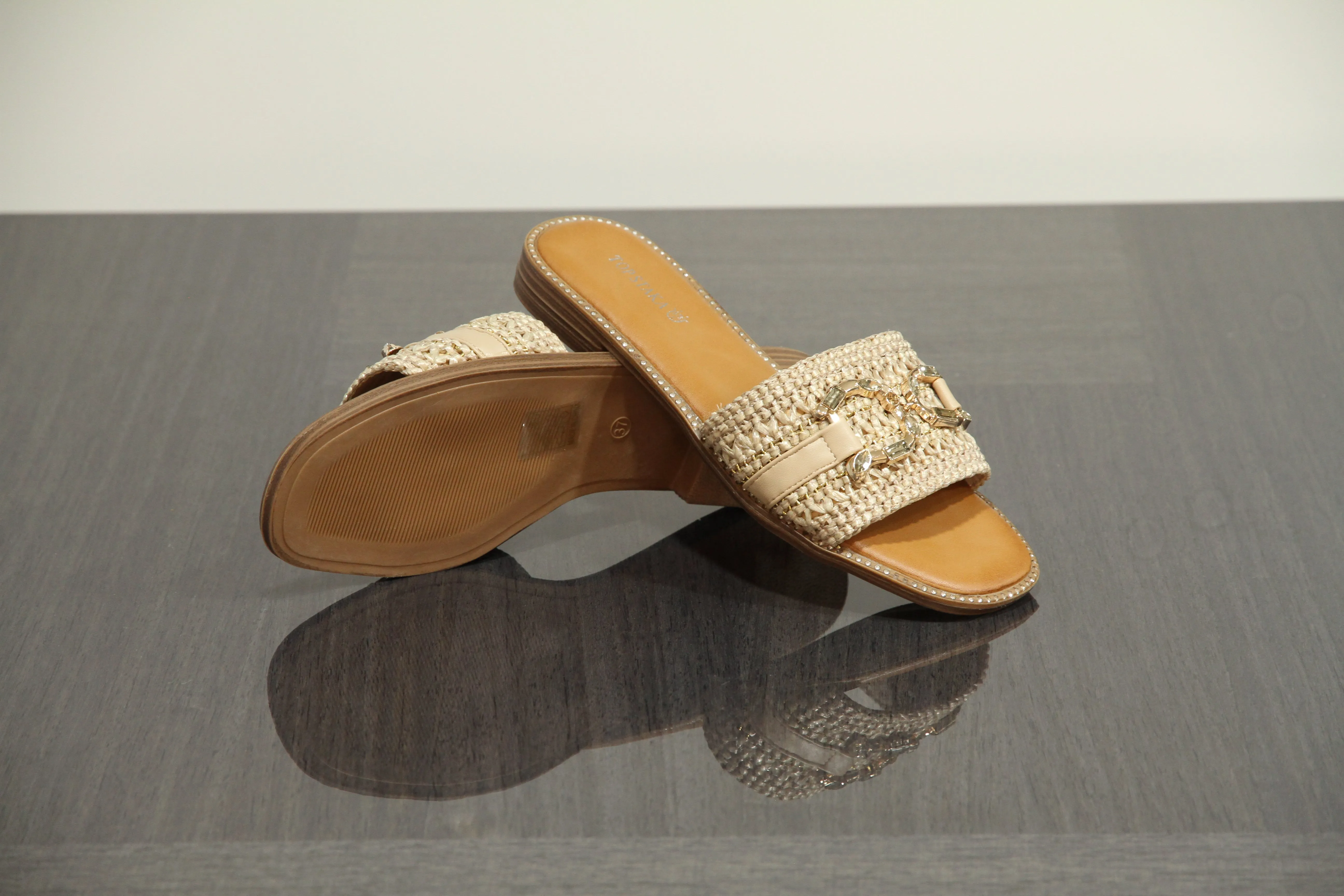 VACHY Women's Diamond Embellished Slide-On Flats with Double D Motif - Chic & Comfortable Open Toe Casual Fashion Shoes BG-706
