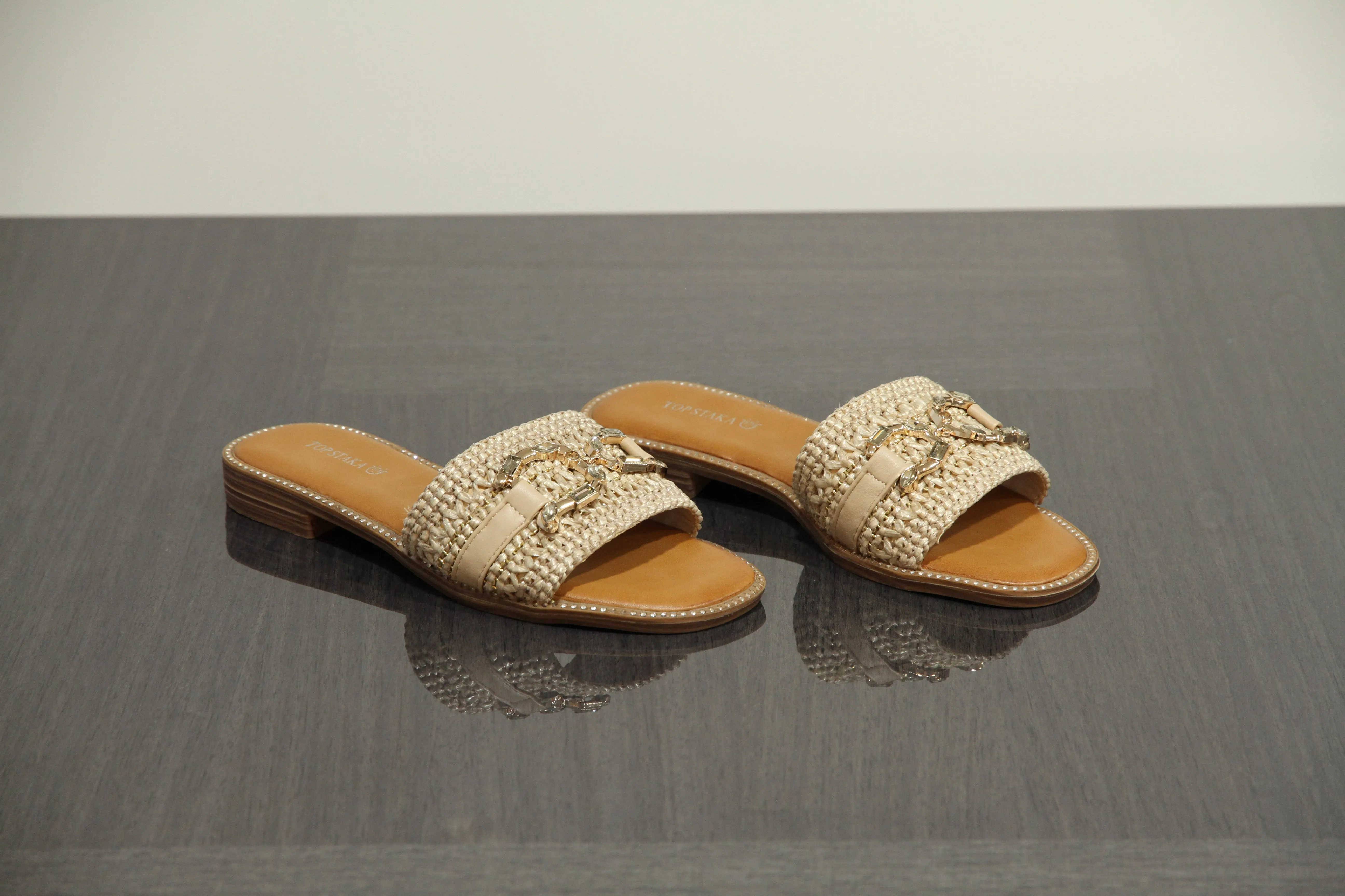VACHY Women's Diamond Embellished Slide-On Flats with Double D Motif - Chic & Comfortable Open Toe Casual Fashion Shoes BG-706