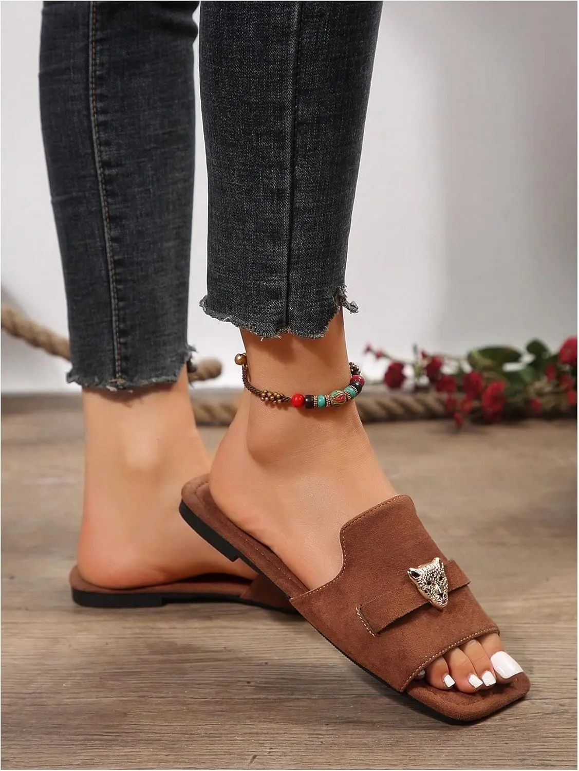 Verdusa Women's Leopard Print Flat slide Sandals Tiger Head Buckle Deco Summer Shoes