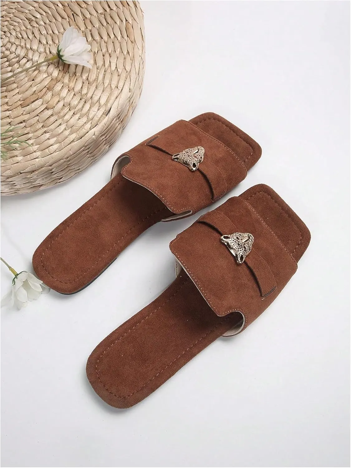 Verdusa Women's Leopard Print Flat slide Sandals Tiger Head Buckle Deco Summer Shoes