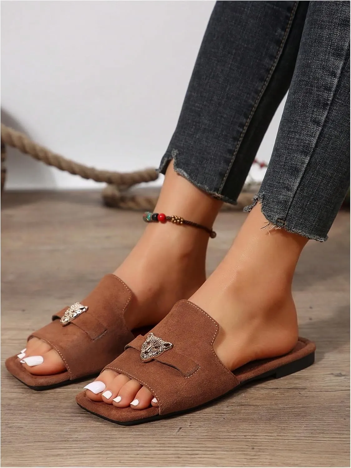 Verdusa Women's Leopard Print Flat slide Sandals Tiger Head Buckle Deco Summer Shoes