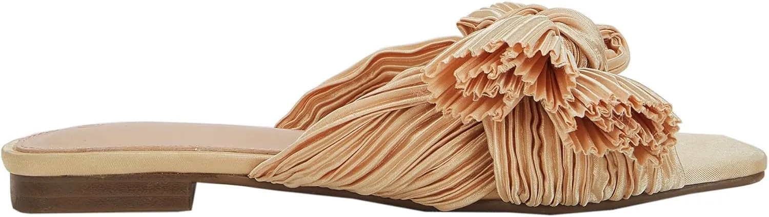 VETASTE Women's Pleated Bow Flat Sandals Open Square Toe Slip on Slide Sandals