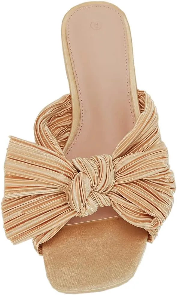 VETASTE Women's Pleated Bow Flat Sandals Open Square Toe Slip on Slide Sandals