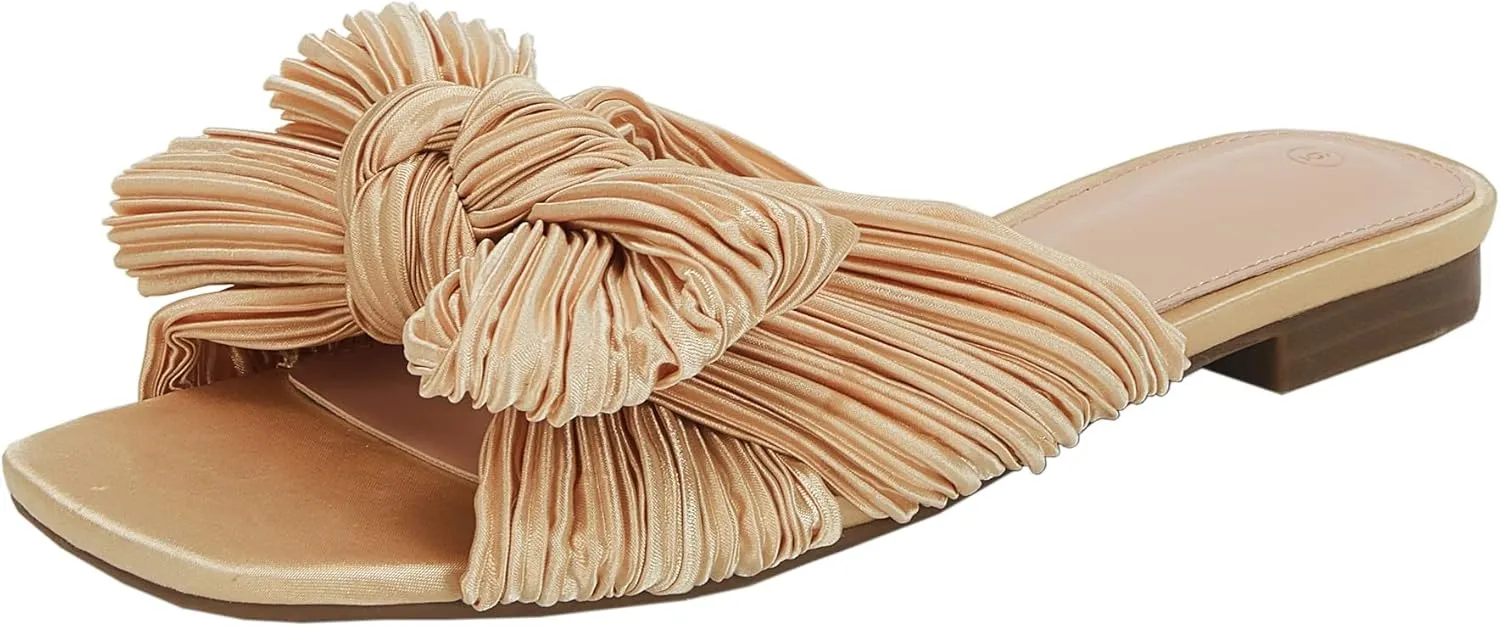 VETASTE Women's Pleated Bow Flat Sandals Open Square Toe Slip on Slide Sandals