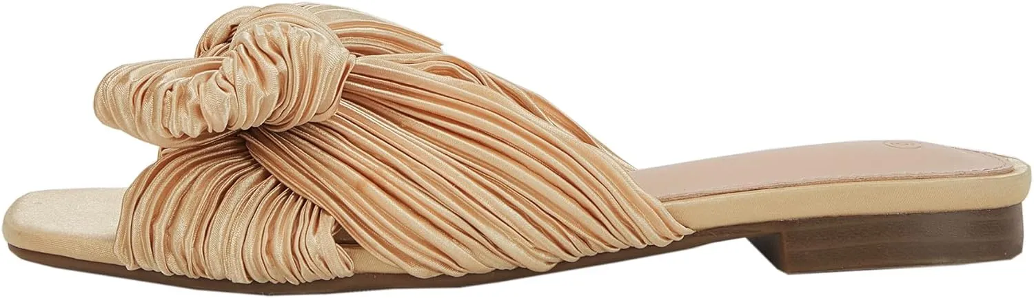 VETASTE Women's Pleated Bow Flat Sandals Open Square Toe Slip on Slide Sandals
