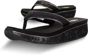 VOLATILE Neville Wedge Sandals for Women Featuring Soft Webbed Textile Thong Post, Padded Lining, and Slip-On Wedge Style