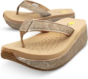 VOLATILE Neville Wedge Sandals for Women Featuring Soft Webbed Textile Thong Post, Padded Lining, and Slip-On Wedge Style