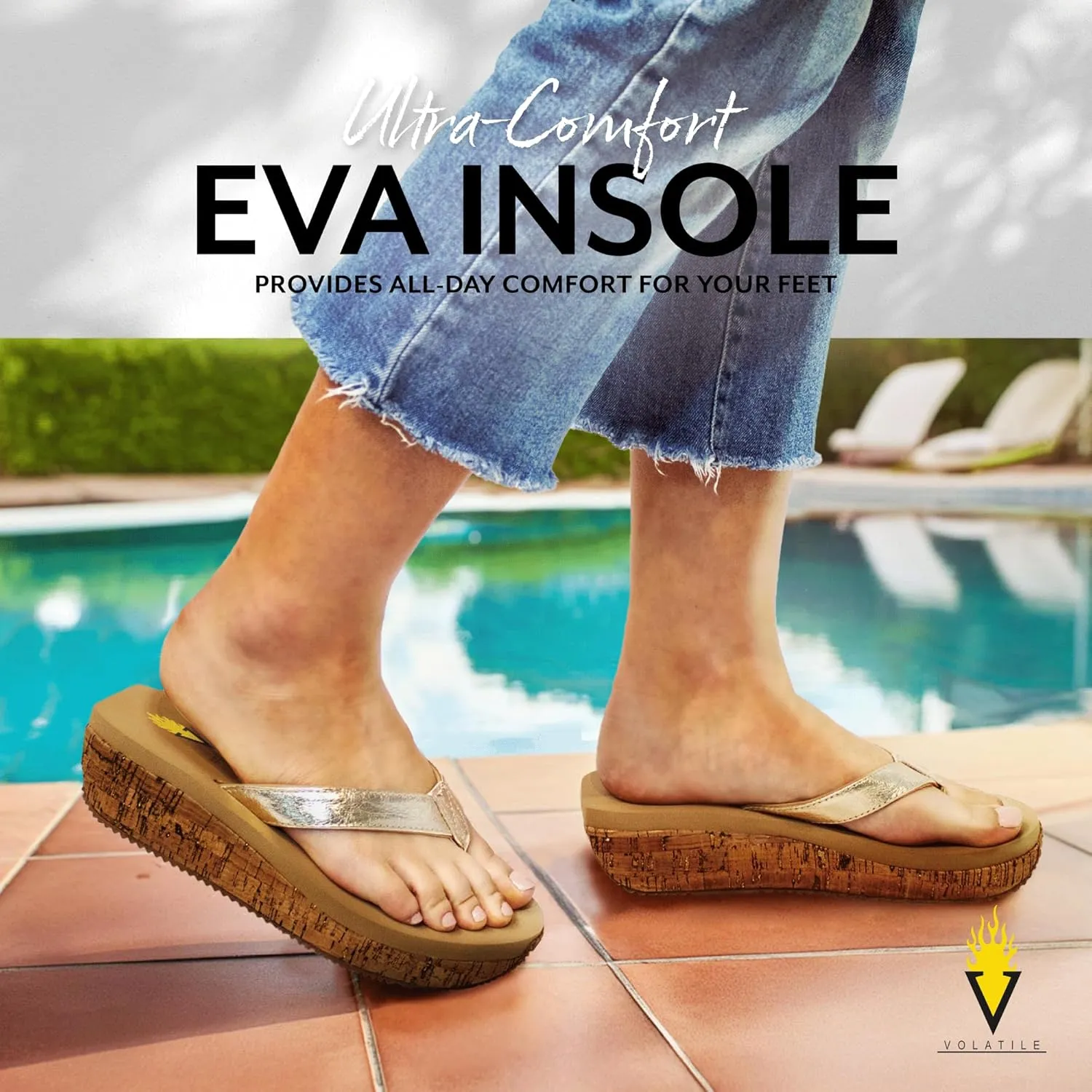 VOLATILE Neville Wedge Sandals for Women Featuring Soft Webbed Textile Thong Post, Padded Lining, and Slip-On Wedge Style