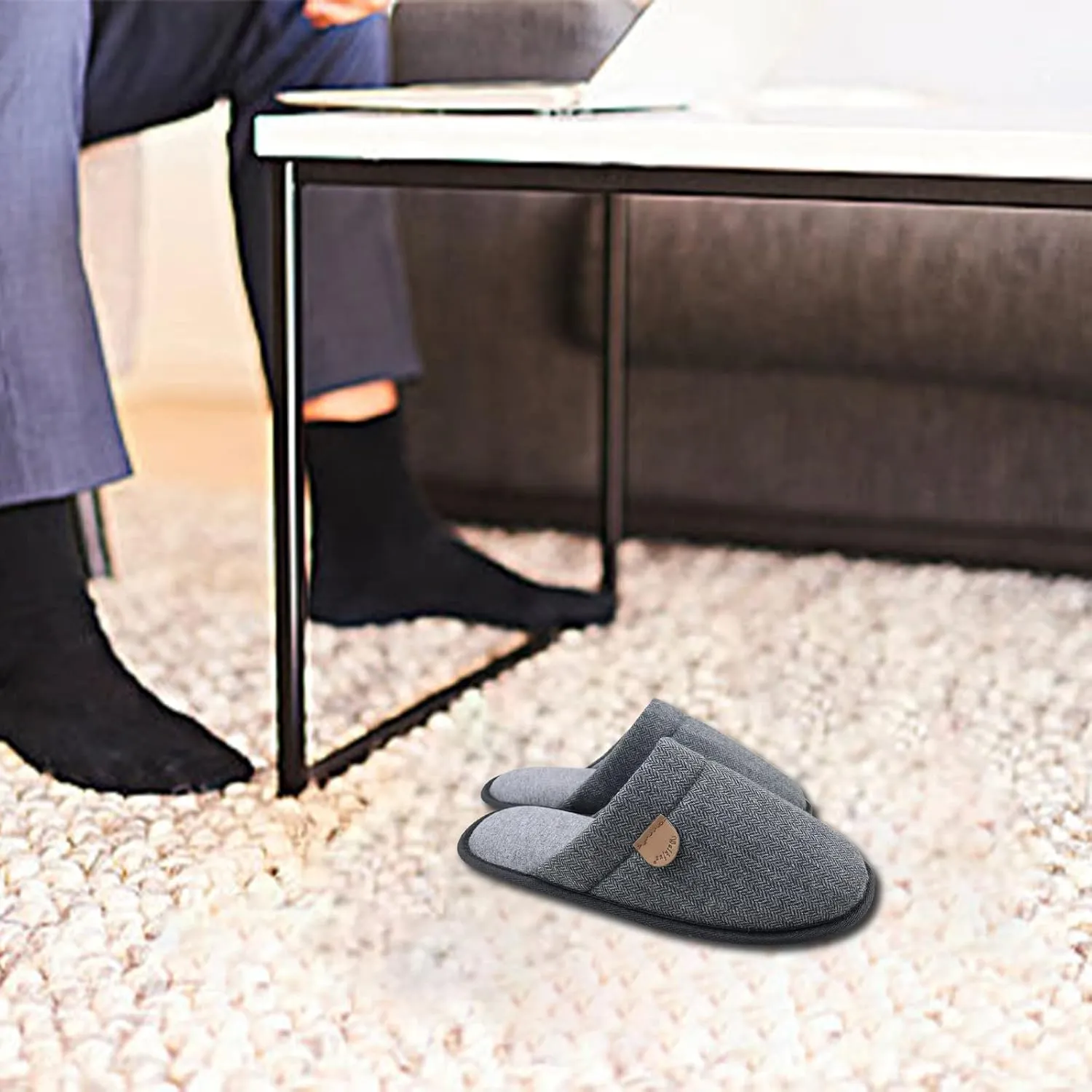 WALKFUN Comfortable House Slippers for Men Full Toe Comfortable Indoor Slip on Warm Slides Sandals with Memory Foam for Bedroom,Indoor Home