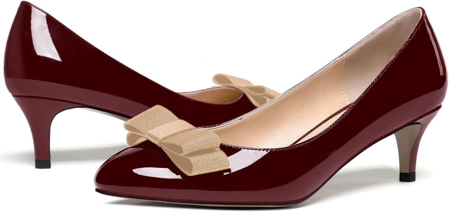 WAYDERNS Women's Bow Solid Patent Slip On Cute Round Toe Dating Kitten Mid Heel Pumps Shoes 2.5 Inch