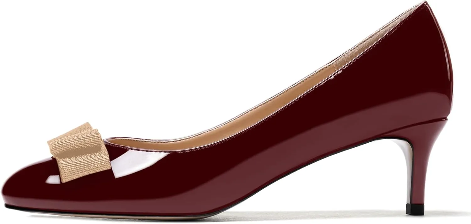 WAYDERNS Women's Bow Solid Patent Slip On Cute Round Toe Dating Kitten Mid Heel Pumps Shoes 2.5 Inch