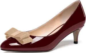 WAYDERNS Women's Bow Solid Patent Slip On Cute Round Toe Dating Kitten Mid Heel Pumps Shoes 2.5 Inch