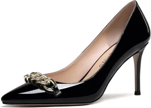 WAYDERNS Women's Gold Metal Chain Patent Pointed Toe Slip On Stiletto High Heel Pumps Shoes 3.5 Inch