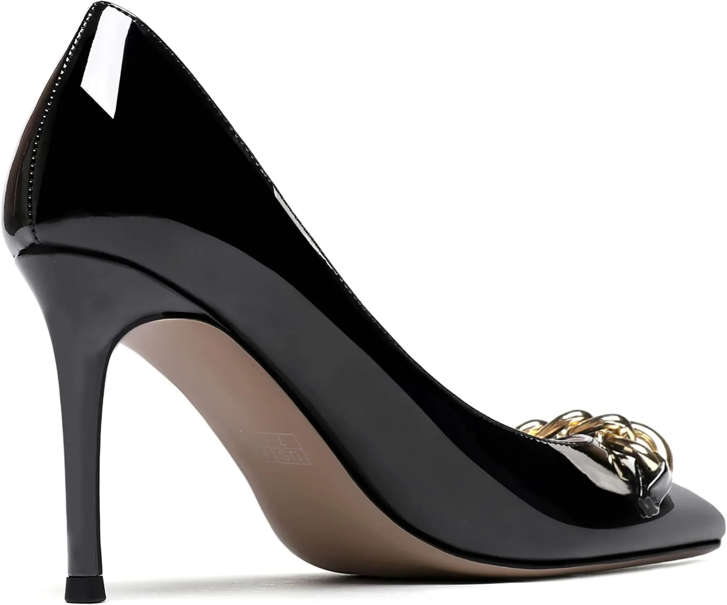 WAYDERNS Women's Gold Metal Chain Patent Pointed Toe Slip On Stiletto High Heel Pumps Shoes 3.5 Inch