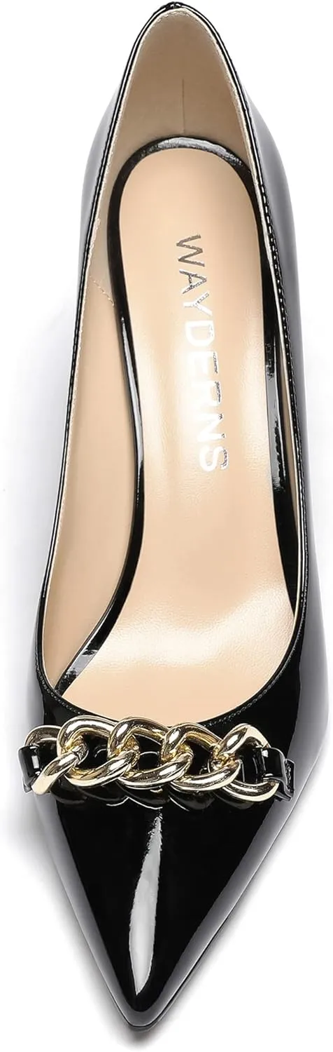 WAYDERNS Women's Gold Metal Chain Patent Pointed Toe Slip On Stiletto High Heel Pumps Shoes 3.5 Inch