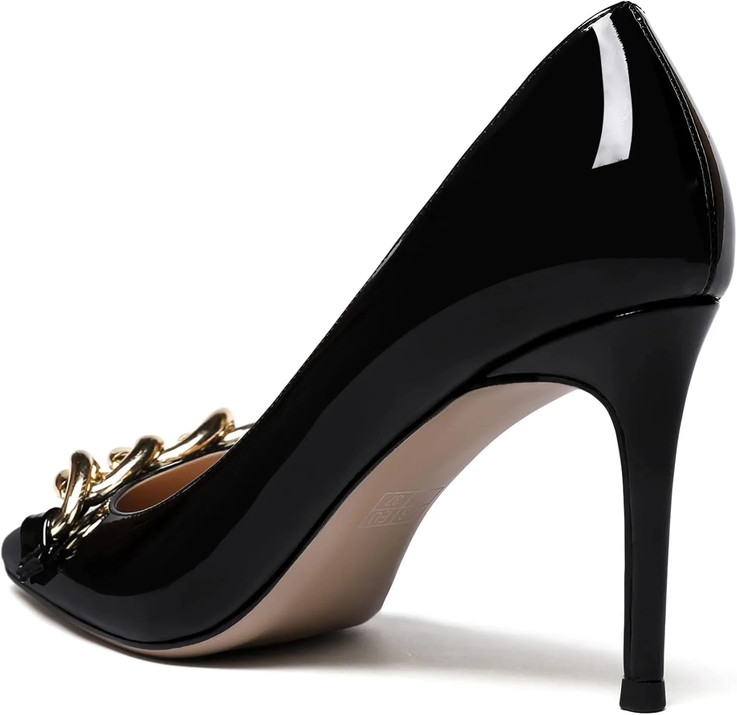 WAYDERNS Women's Gold Metal Chain Patent Pointed Toe Slip On Stiletto High Heel Pumps Shoes 3.5 Inch