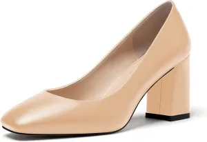 WAYDERNS Women's Matte Slip On Square Toe Block High Heel Pumps Evening Dress Shoes 3 Inch