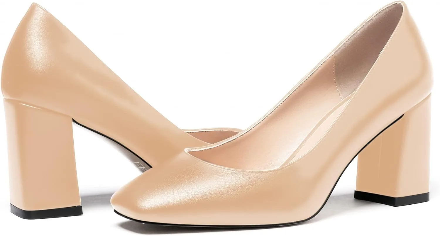 WAYDERNS Women's Matte Slip On Square Toe Block High Heel Pumps Evening Dress Shoes 3 Inch