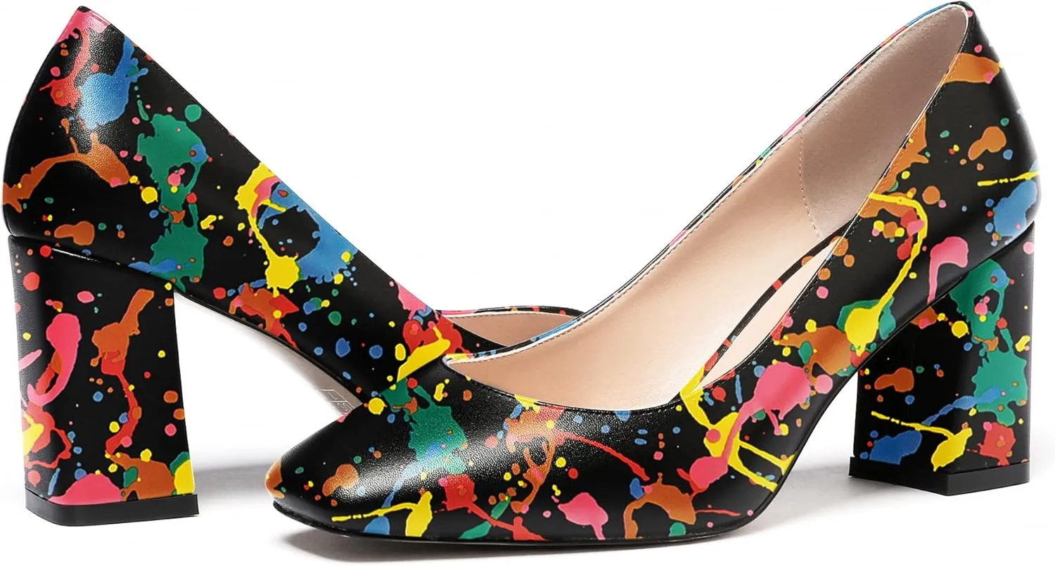WAYDERNS Women's Matte Slip On Square Toe Block High Heel Pumps Evening Dress Shoes 3 Inch