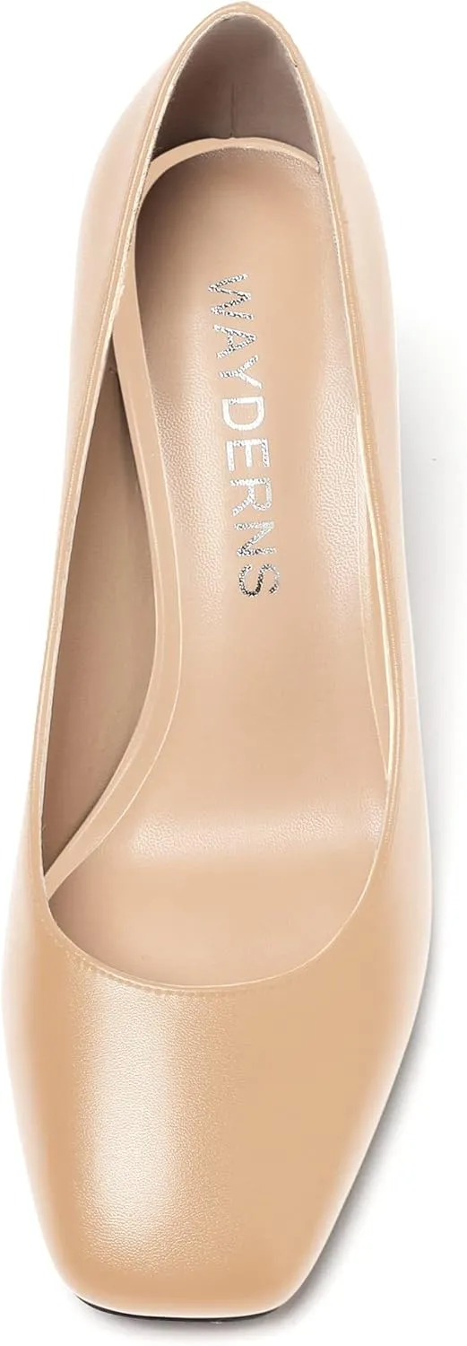 WAYDERNS Women's Matte Slip On Square Toe Block High Heel Pumps Evening Dress Shoes 3 Inch