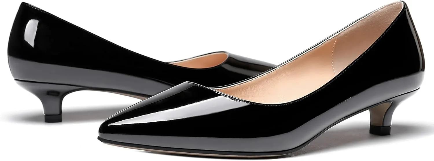 WAYDERNS Womens Office Dress Patent Slip On Pointed Toe Kitten Low Heel Pumps Shoes 1.5 Inch