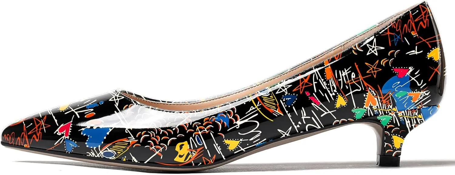 WAYDERNS Womens Office Dress Patent Slip On Pointed Toe Kitten Low Heel Pumps Shoes 1.5 Inch