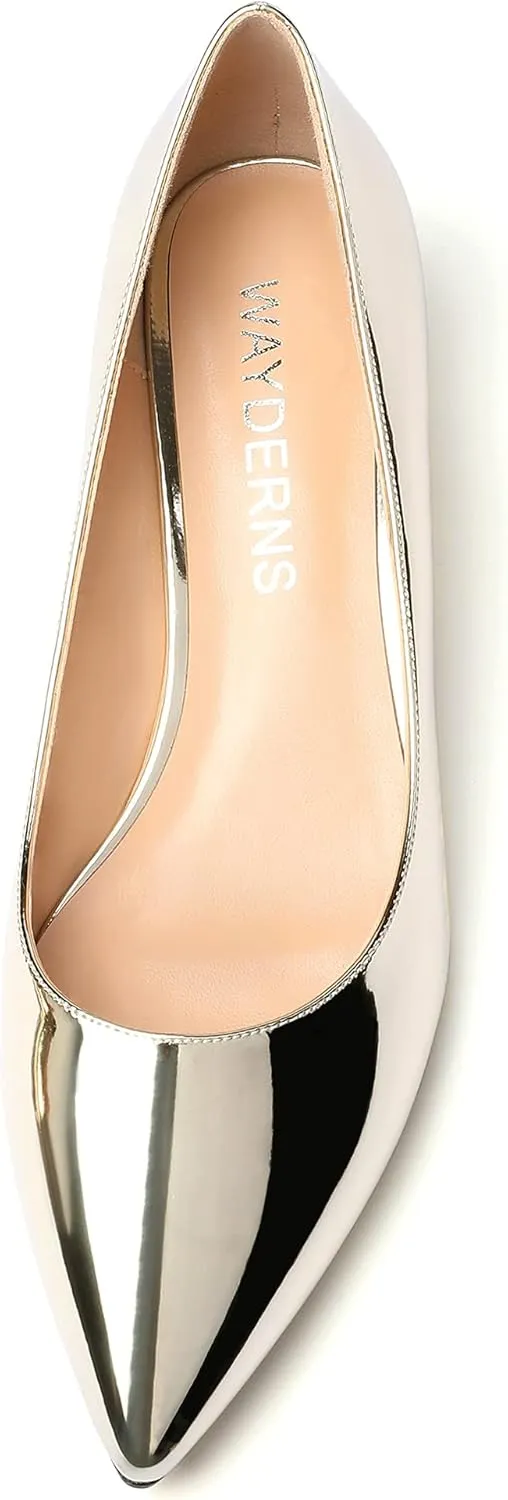 WAYDERNS Womens Office Dress Patent Slip On Pointed Toe Kitten Low Heel Pumps Shoes 1.5 Inch