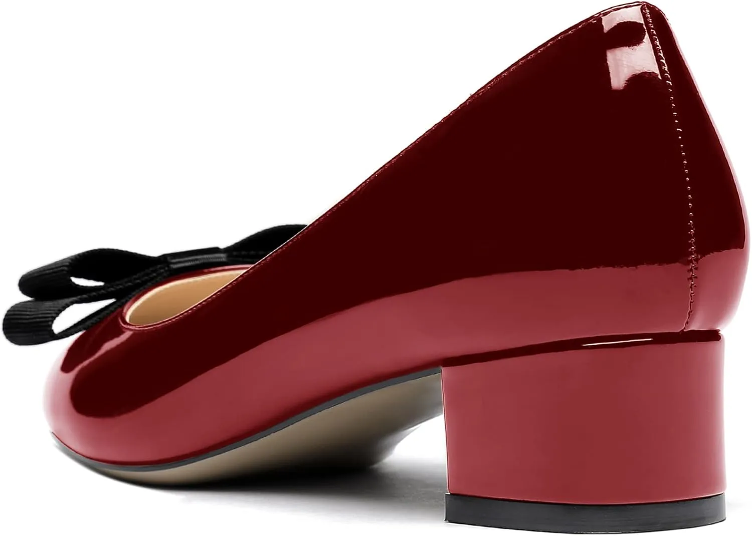 WAYDERNS Women's Patent Bow Slip On Round Toe Chunky Low Heel Pumps Shoes 1.5 Inch