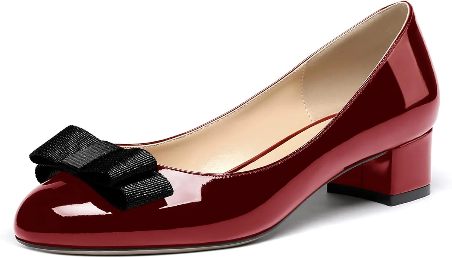 WAYDERNS Women's Patent Bow Slip On Round Toe Chunky Low Heel Pumps Shoes 1.5 Inch