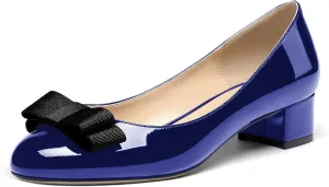 WAYDERNS Women's Patent Bow Slip On Round Toe Chunky Low Heel Pumps Shoes 1.5 Inch