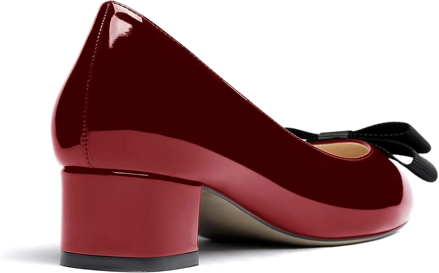 WAYDERNS Women's Patent Bow Slip On Round Toe Chunky Low Heel Pumps Shoes 1.5 Inch