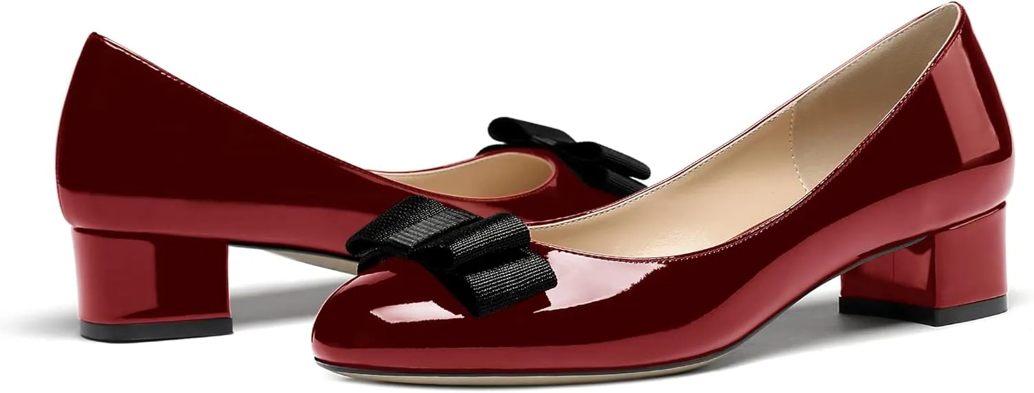 WAYDERNS Women's Patent Bow Slip On Round Toe Chunky Low Heel Pumps Shoes 1.5 Inch