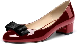 WAYDERNS Women's Patent Bow Slip On Round Toe Chunky Low Heel Pumps Shoes 1.5 Inch