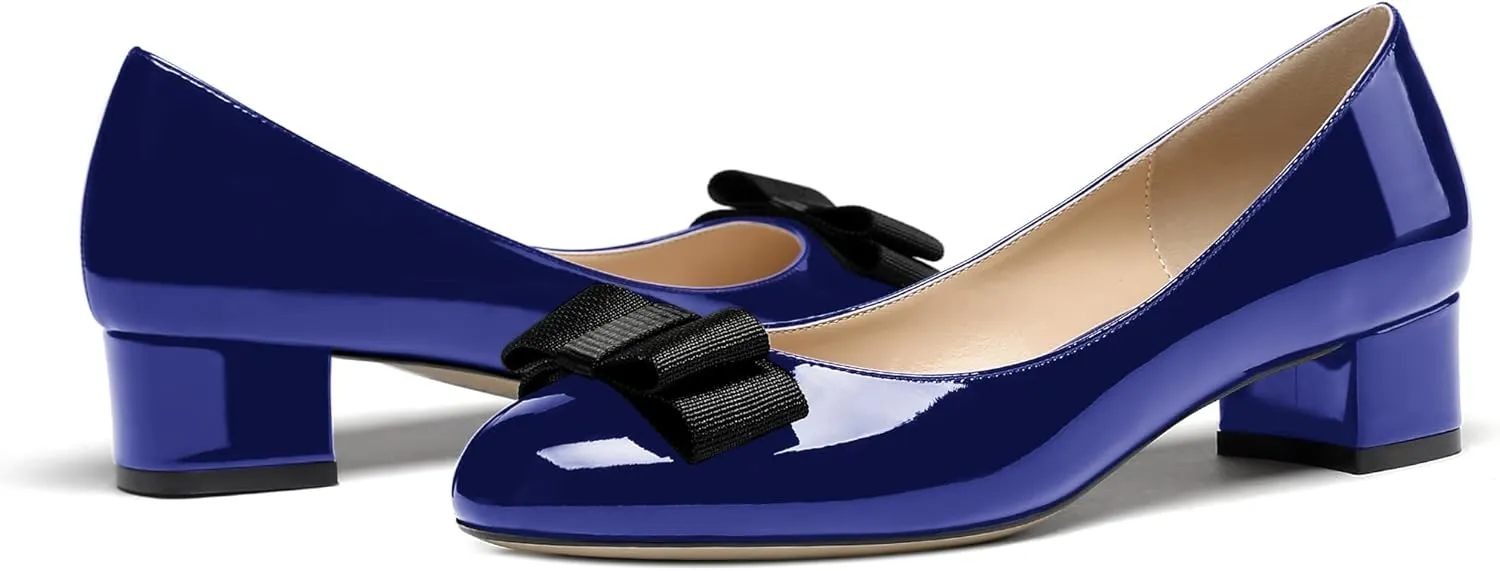 WAYDERNS Women's Patent Bow Slip On Round Toe Chunky Low Heel Pumps Shoes 1.5 Inch