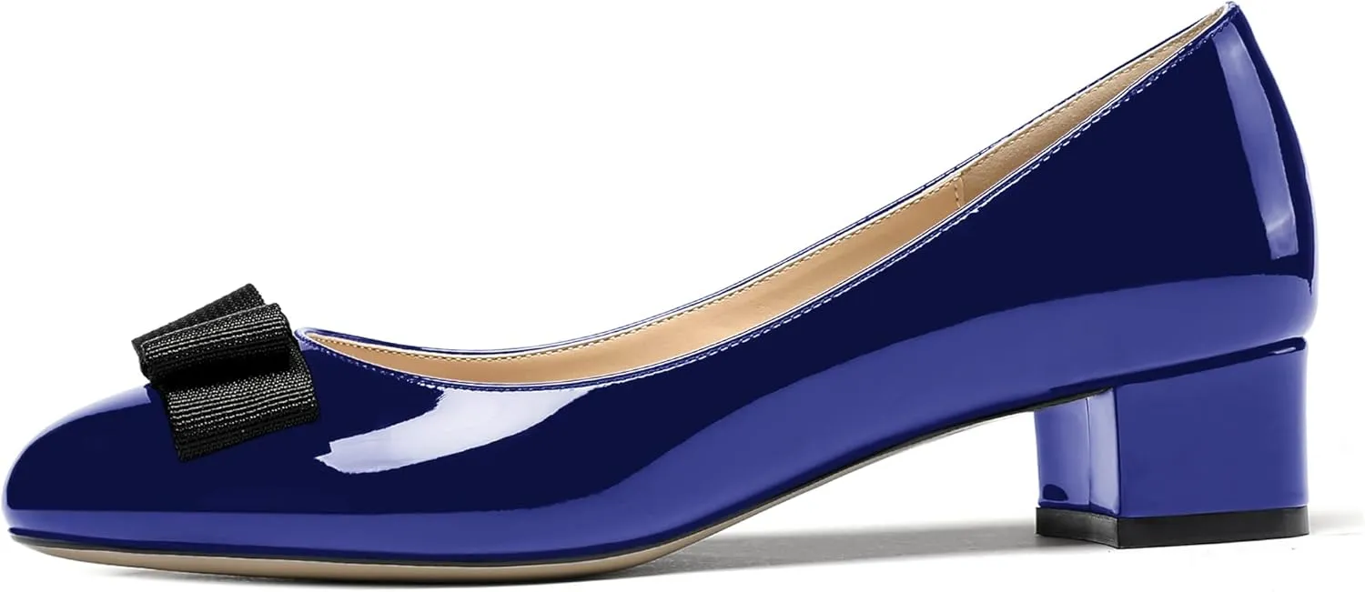 WAYDERNS Women's Patent Bow Slip On Round Toe Chunky Low Heel Pumps Shoes 1.5 Inch