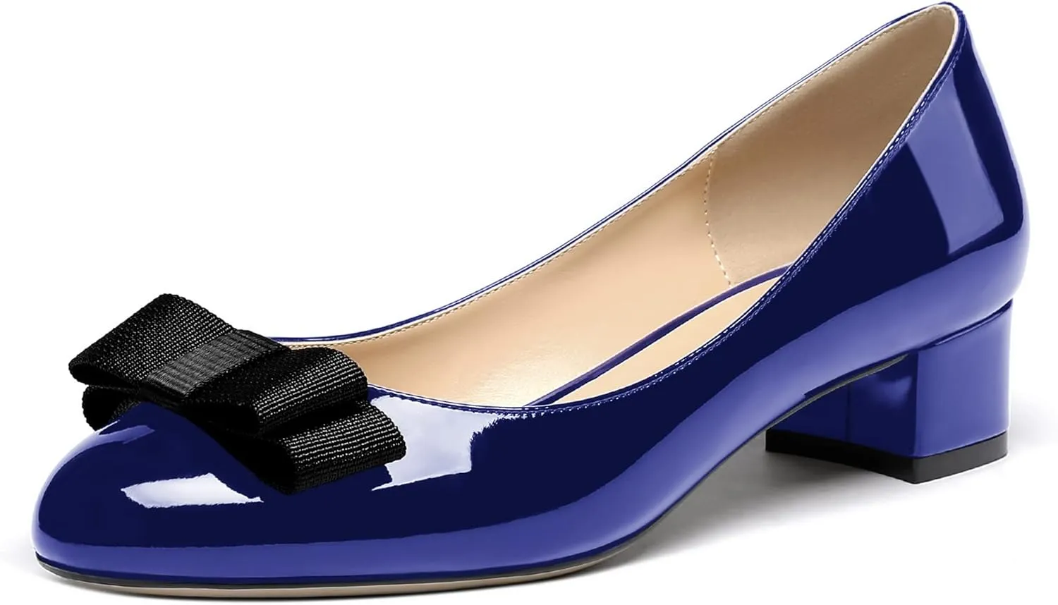WAYDERNS Women's Patent Bow Slip On Round Toe Chunky Low Heel Pumps Shoes 1.5 Inch