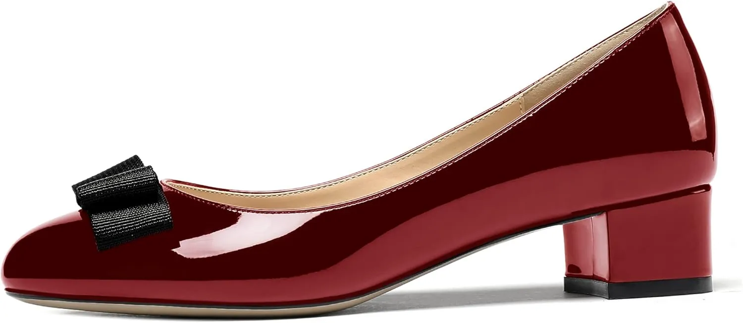 WAYDERNS Women's Patent Bow Slip On Round Toe Chunky Low Heel Pumps Shoes 1.5 Inch